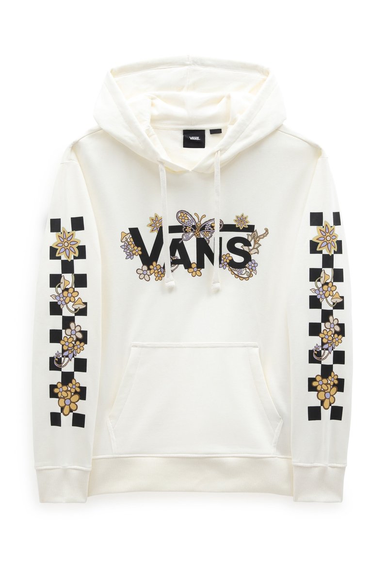 Sudadera blanca con capucha que presenta el logo "VANS", diseños florales y patrón a cuadros en las mangas. Hecha de tela suave con bolsillo frontal.