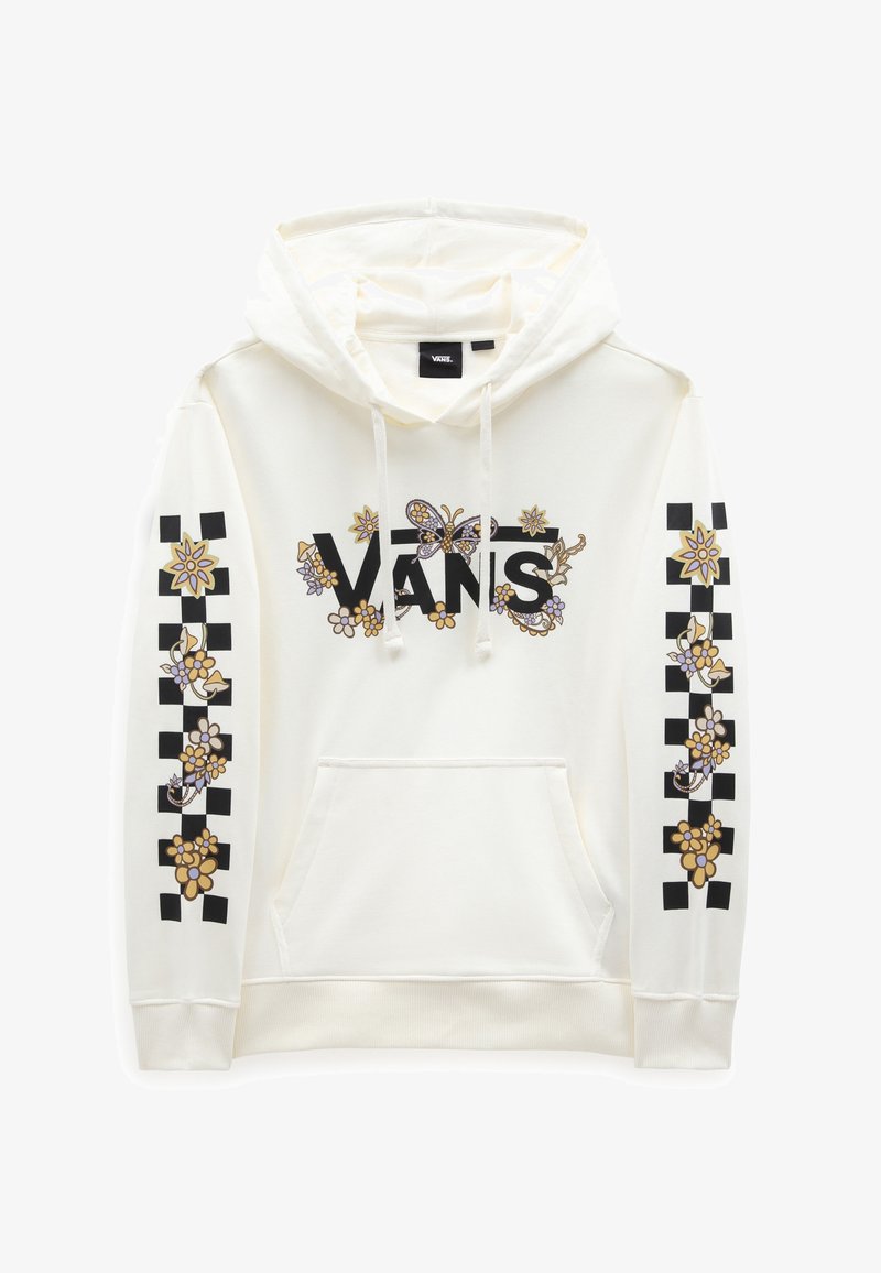 Sudadera blanca con capucha que presenta el logo "VANS", diseños florales y patrón a cuadros en las mangas. Hecha de tela suave con bolsillo frontal.