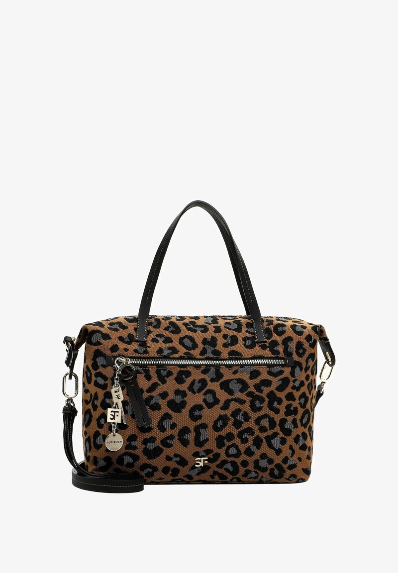 Tasker i leopardprintet lærred med sorte læderdetaljer, dobbelte håndtag, lynlåslomme og aftagelig skulderrem. Har logoskilt.