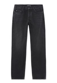 Jeans de mezclilla gris oscuro, con un diseño de pierna recta, cinco bolsillos y herrajes metálicos en la cintura y los bolsillos.