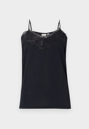 Camisole noire avec des bretelles fines et ajustables, et un bord en dentelle le long du décolleté. Texture lisse, forme ajustée, et bords en dentelle effilochés.