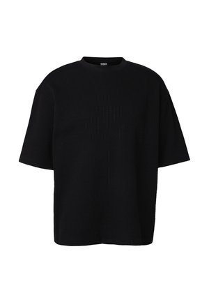 Čierne tričko s krátkym rukávom, tkané vo vzore vaflí, s voľným strihom a jemným textúrovaným vzorom.