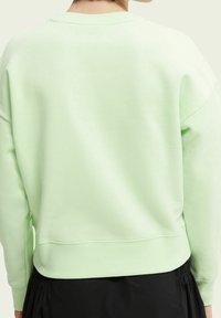 Felpa verde menta con vestibilità morbida, scollo rotondo e maniche lunghe. Tessuto liscio e orlo a coste. Indossata con una gonna nera.