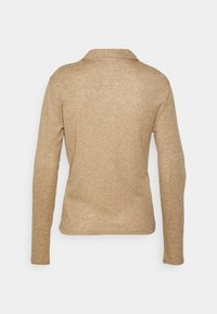 Langarmshirt van lichtbruin gebreide stof, met een klassieke kraag en een gladde textuur, met een eenvoudig ontwerp zonder zichtbare bevestigingen.