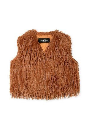 Brown faux fur vest with a shaggy texture, featuring a V-neckline and no sleeves. Lined with a smooth fabric for added comfort.