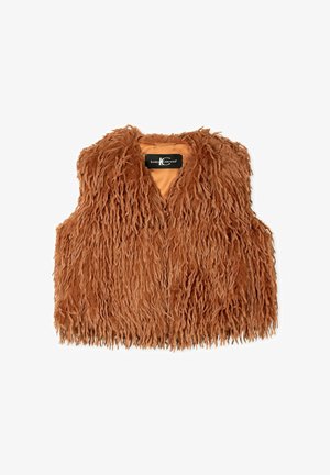 Brown faux fur vest with a shaggy texture, featuring a V-neckline and no sleeves. Lined with a smooth fabric for added comfort.