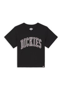 Schwarzes Kurzarm-Baumwoll-T-Shirt mit dem Schriftzug "DICKIES" in fett gedruckten, geschwungenen weißen und lila Buchstaben auf der Brust. Klassischer Rundhalsausschnitt.