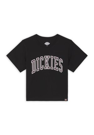 Black short-sleeve cotton t-shirt featuring "DICKIES" in bold, arched white and purple lettering across the chest. Classic crew neckline.