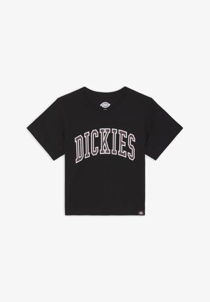 Black short-sleeve cotton t-shirt featuring "DICKIES" in bold, arched white and purple lettering across the chest. Classic crew neckline.