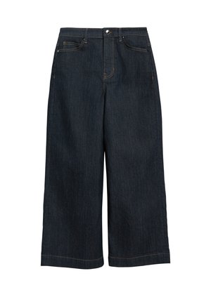 Dunkelblaue, weit geschnittene, kürzere Jeans aus Denim mit vorderem Knopf, Reißverschluss und Fünf-Taschen-Design.