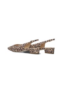 Slingback schoenen met luipaardprint, een spitse neus en een lage blokhak, met een textiele oppervlakte en een verstelbare gespriem.