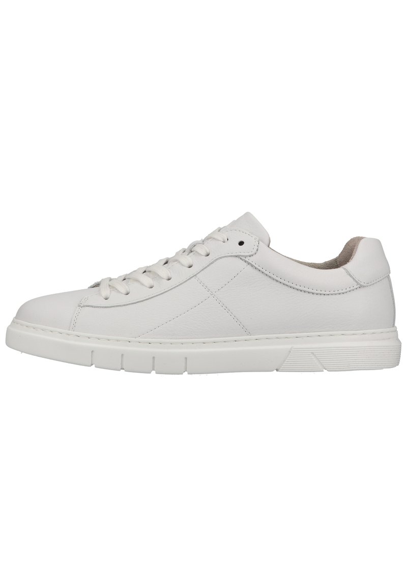Weißes Leder-Sneaker mit runder Zehenpartie, flachen weißen Schnürsenkeln, strukturiertem Profil und subtilen Nahtdetails entlang des Obermaterials.