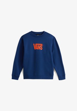 Mørkeblå sweatshirt lavet af blødt stof, med et rødt "VANS" logo centreret på brystet samt ribbede manchetter og kant.