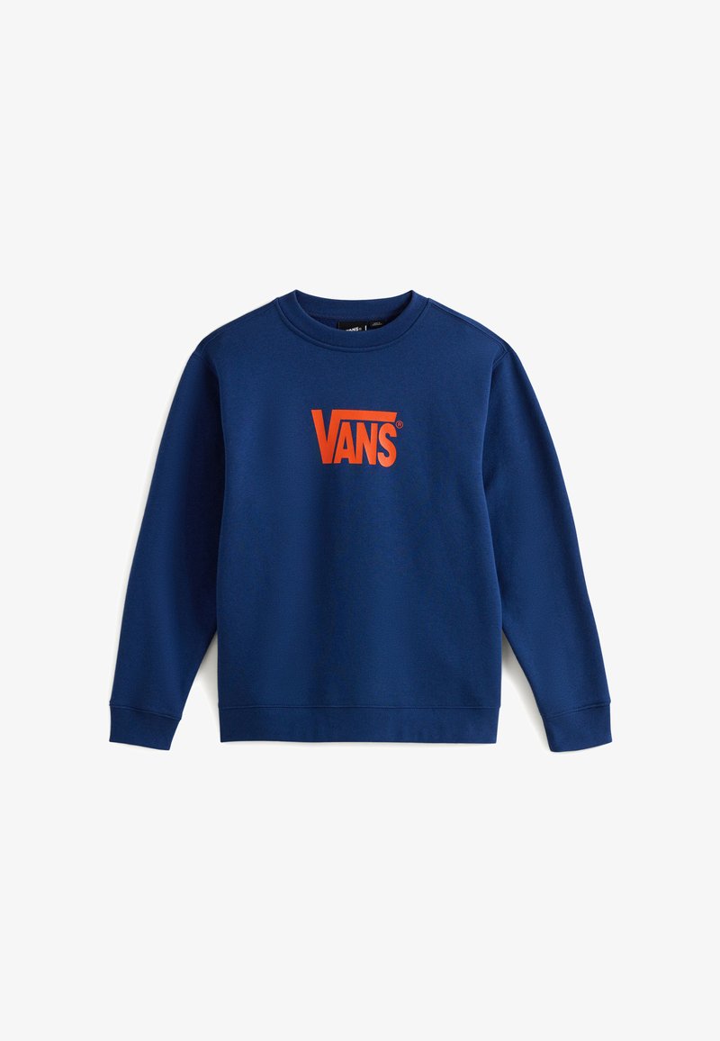 Felpa blu navy realizzata in tessuto morbido, con un logo rosso "VANS" centrato sul petto e polsini e orlo a costine.