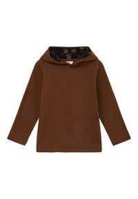 Bruine lange mouwen hoodie van zachte stof. Heeft een zwarte met patroon gevoerde binnenkap. Eenvoudig ontwerp met een comfortabele pasvorm.