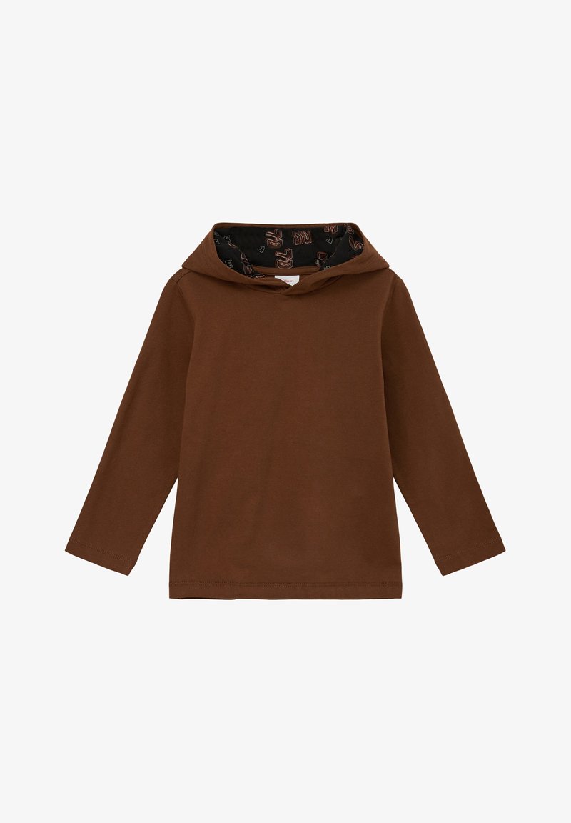 Brauner Langarm-Hoodie aus weichem Stoff. Verfügt über ein schwarzes, gemustertes Innenfutter der Kapuze. Einfaches Design mit lockerer Passform.