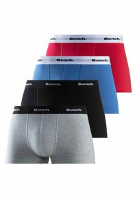 Four pairs of men's boxer briefs in gray, black, blue, and red. Each has a branded elastic waistband and a fitted design.