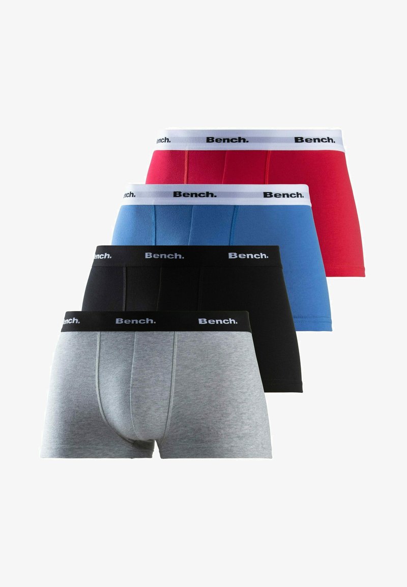 Four pairs of men's boxer briefs in gray, black, blue, and red. Each has a branded elastic waistband and a fitted design.