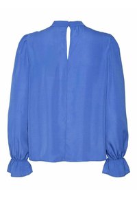 Blouse bleue à manches longues avec une ouverture en forme de trou de serrure dans le dos, un col arrondi et des poignets froncés. Le tissu présente une texture lisse et une sensation légère.