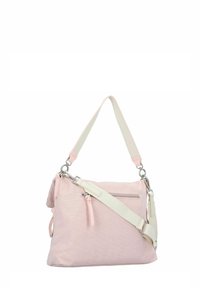 Borsa in tessuto rosa chiaro con spallacci bianchi regolabili, accessori in argento, tasca con zip sul davanti e un design morbido.