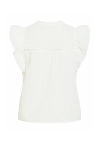 Blouse blanche à manches courtes avec manches à volants et broderie florale ajourée sur le haut du dos.