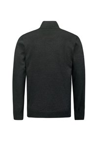 Donkergrijze pullover met een kraag, lange mouwen en een gladde textuur zonder zichtbare patronen, bekeken vanaf de achterkant.