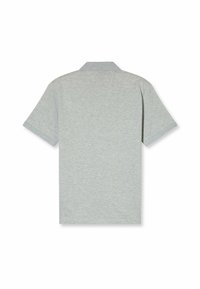 Graues Poloshirt mit kurzen Ärmeln, klassischem Kragen, aus weichem Baumwollmaterial, verfügt über eine glatte Textur und ein dezentes meliertes Muster.
