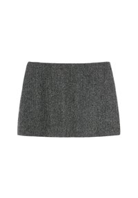 Gonna mini in lana grigia con orlo leggermente svasato, caratterizzata da un motivo a tessitura testurizzata e una vita liscia.