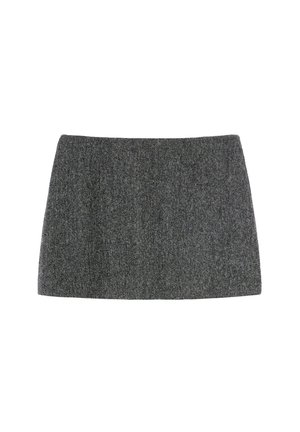 Gonna mini in lana grigia con orlo leggermente svasato, caratterizzata da un motivo a tessitura testurizzata e una vita liscia.