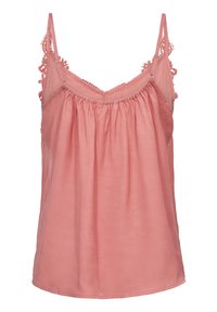 Roza brezrokavnica iz lahkega materiala. Ima gathered bodice, spaghetti naramnice in čipkast rob okoli ramena in dekolteja.