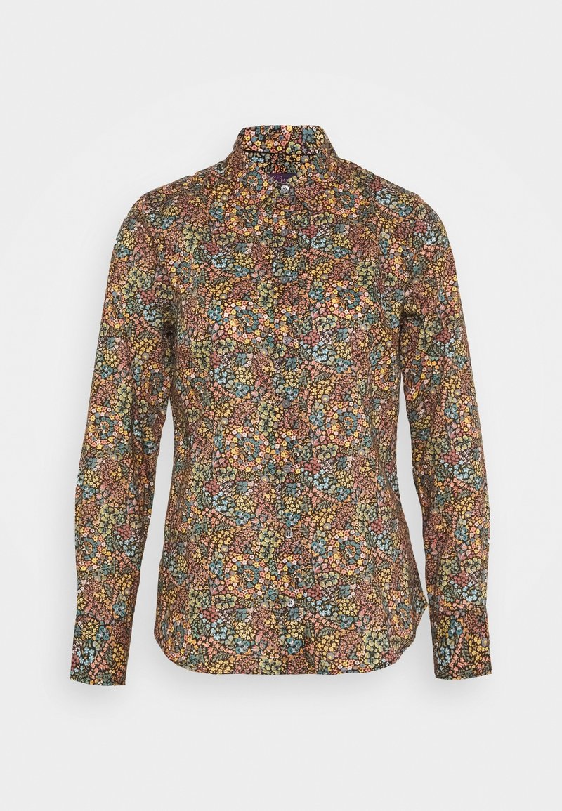 Chemise à manches longues à boutons avec motif floral multicolore dans des tons orange, bleu, vert et jaune sur fond foncé.