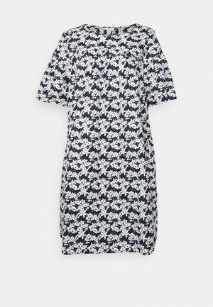 Vestido azul marinho com padrão floral branco, mangas curtas com puf, ajuste solto, decote redondo e bainha até ao joelho.