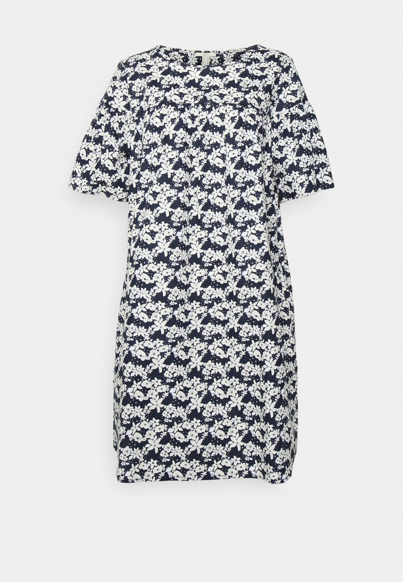 Vestido azul marinho com padrão floral branco, mangas curtas com puf, ajuste solto, decote redondo e bainha até ao joelho.