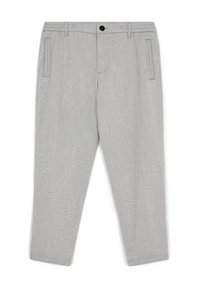 Helle graue Hose aus strukturiertem Stoff. Verfügt über Seitentaschen, einen Knopfverschluss und ein gerades Bein-Design.