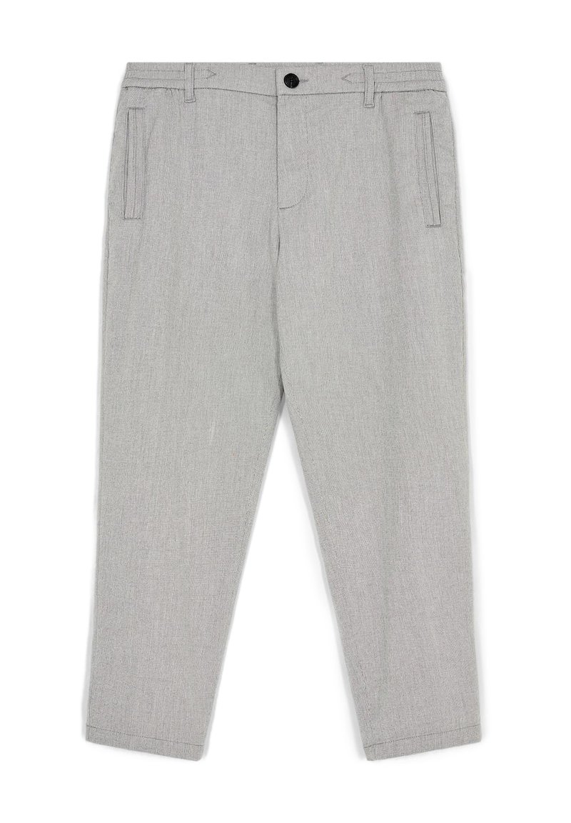 Helle graue Hose aus strukturiertem Stoff. Verfügt über Seitentaschen, einen Knopfverschluss und ein gerades Bein-Design.