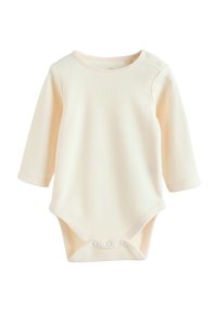 Body a maniche lunghe per neonati in crema chiaro, con una texture a coste, scollatura rotonda e chiusure a pressione sulla spalla e sul fondo.