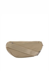 Beige nylon taška přes rameno se zipovým uzávěrem, nastavitelným popruhem a hladkým povrchem. Má minimalistický design s zakřiveným tvarem.