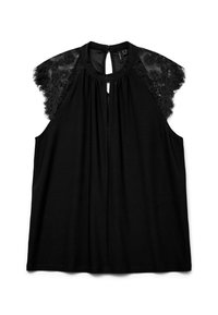 Blouse noire avec accents en dentelle sur les épaules, fermeture au dos en forme de goutte, et une silhouette douce et fluide. Fabriquée en tissu léger avec une texture lisse.