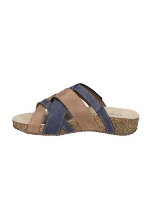 Leather slide sandal with brown and navy crisscross straps, cushioned footbed, and light brown textured sole.
