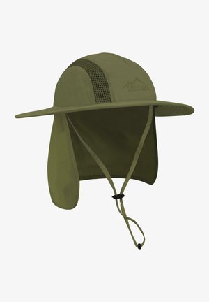 Olivenfarbener Hut mit breiter Krempe, Netzseitenpaneelen, Nackenklappen und verstellbarem Kinnriemen für einen sicheren Sitz. Hergestellt aus leichtem Stoff.