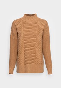 Beżowy sweter z dzianiny z wysokim kołnierzem, z teksturowanymi wzorami, w tym warkoczami i bobblami, oraz ściągaczami przy mankietach i u dołu.