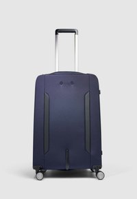 Marineblaue Tasche mit strukturiertem Stoff, zwei schwarzen seitlichen Akzenten, ausziehbarem Griff, vier Rollen und Reißverschlussverschluss.