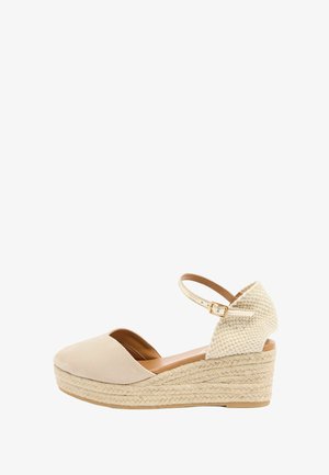 Smėlio spalvos pleišto formos espadrilės su uždaru priekiu, pintu kulnu, kulkšnies dirželiu ir platformos padu, apvyniotų juta.