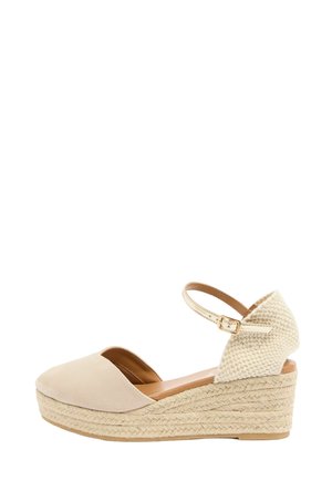 Sandalo espadrilla con zeppa beige, punta chiusa, tacco intrecciato, cinturino alla caviglia e suola piattaforma rivestita in juta.