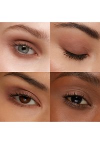 Neljä lähikuvaa silmistä, joissa näkyy erilaisia värejä: vihreä, ruskea ja tummanruskea. Pehmeä mattaluomiväri neutraaleissa sävyissä ja määritellyt ripset.