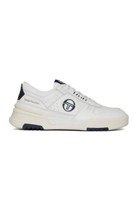 White leather sneaker with navy accents, featuring a perforated design, thick sole, and prominent logo on the side. Laces and padded tongue present.