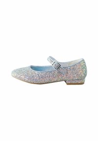 Glitzernder blauer Mary Jane Schuh mit flachem Absatz, verziert mit mehrfarbigem Glitzer und einem silbernen Schnallenriemen über dem Spann.