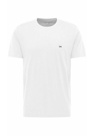 Weißes T-Shirt mit kurzen Ärmeln aus Baumwolle, mit rundem Ausschnitt und kleinem blauem Lee-Logo auf der linken Brust.