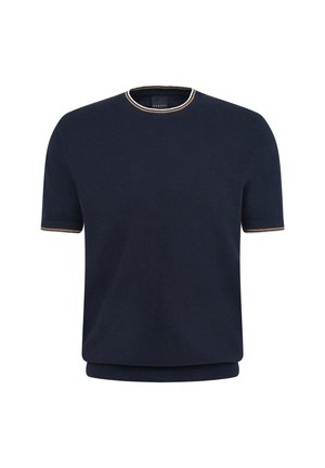 Marineblauer Kurzarmpullover mit Rundhalsausschnitt, der an Hals- und Ärmelecken mit kontrastierendem, hellen Besatz versehen ist. Glatte Textur.