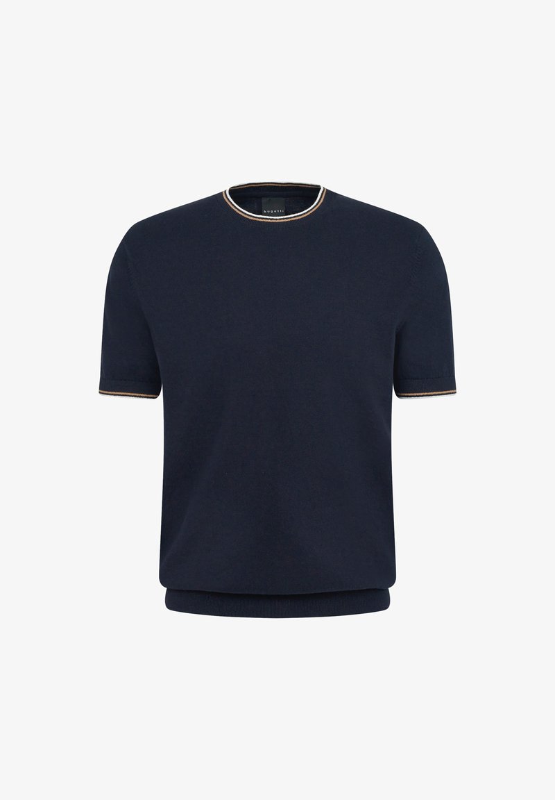 Navy short-sleeve sweater with a crew neck, featuring contrasting light-colored trim at the neckline and sleeve edges. Smooth texture.